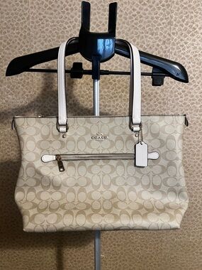 Coach Beige Signature Canvas Tote with White Trim